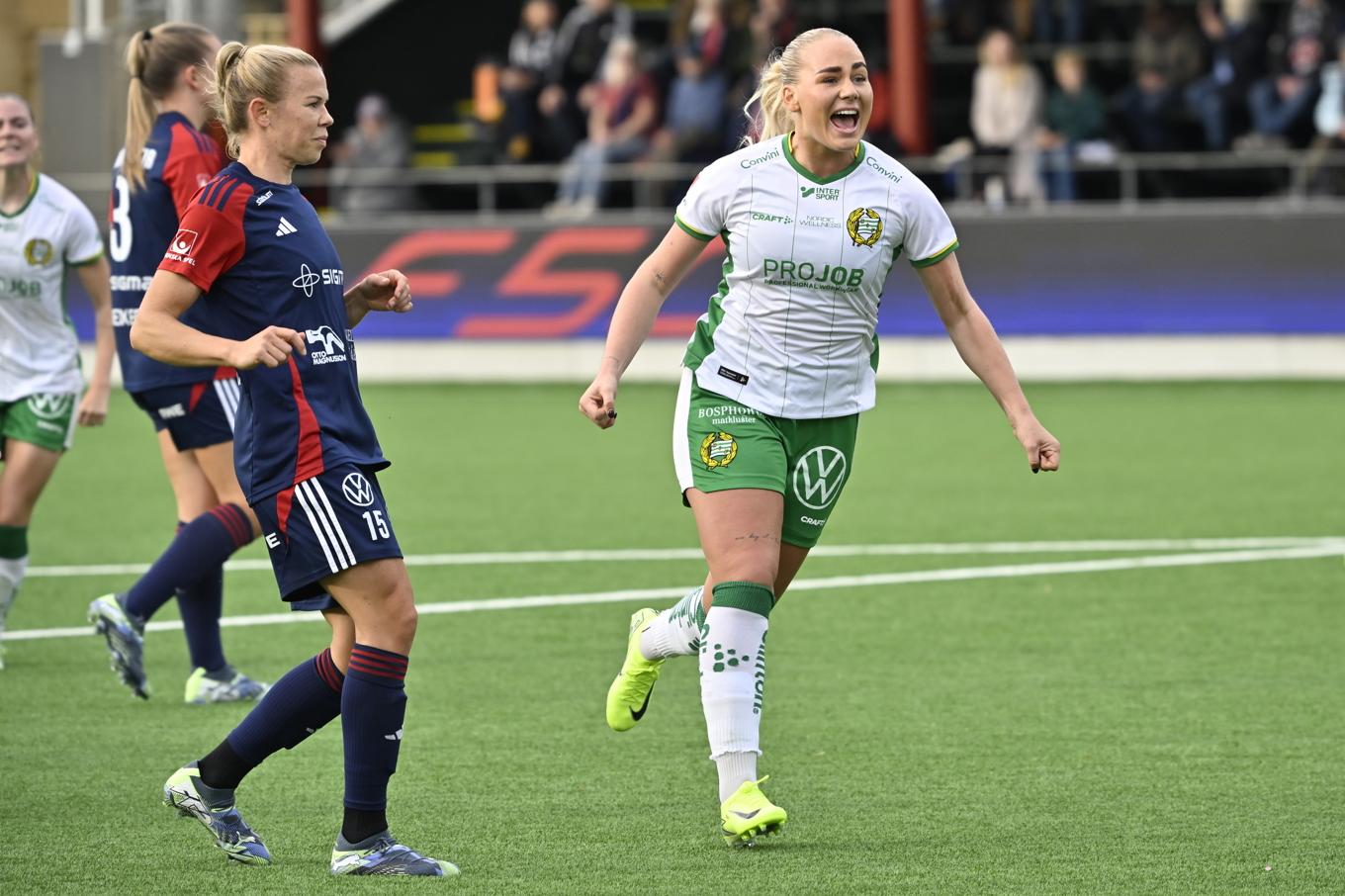 Hammarbys Cathinka Tandberg svarade för ett hattrick när det blev seger borta mot Rosengård med 3–2. Foto: Johan Nilsson/TT