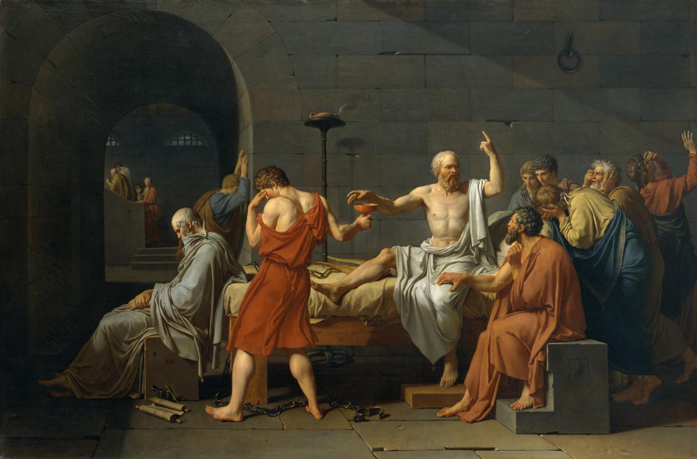 Sokrates dömdes till döden genom att dricka ur en giftbägare. Målning av Jacques-Louis David (1748–1825).