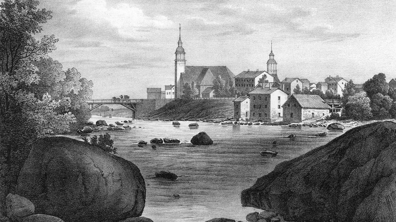 Zacharias Topelius födelseby Nykarleby i Finland. Litografi av Johan Knutson (1816–1899) från mitten av 1800-talet. Foto: Public Domain