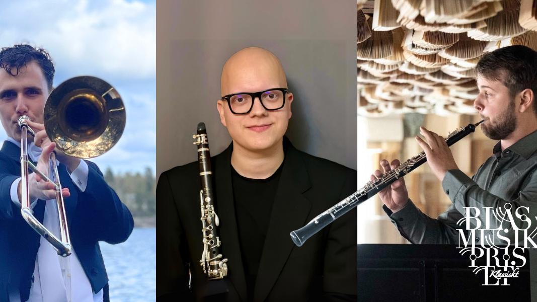 Karl Appelgren på trombon, Luca Scappagnini på klarinett och Josef Wijk på oboe. Foto: Pressbild