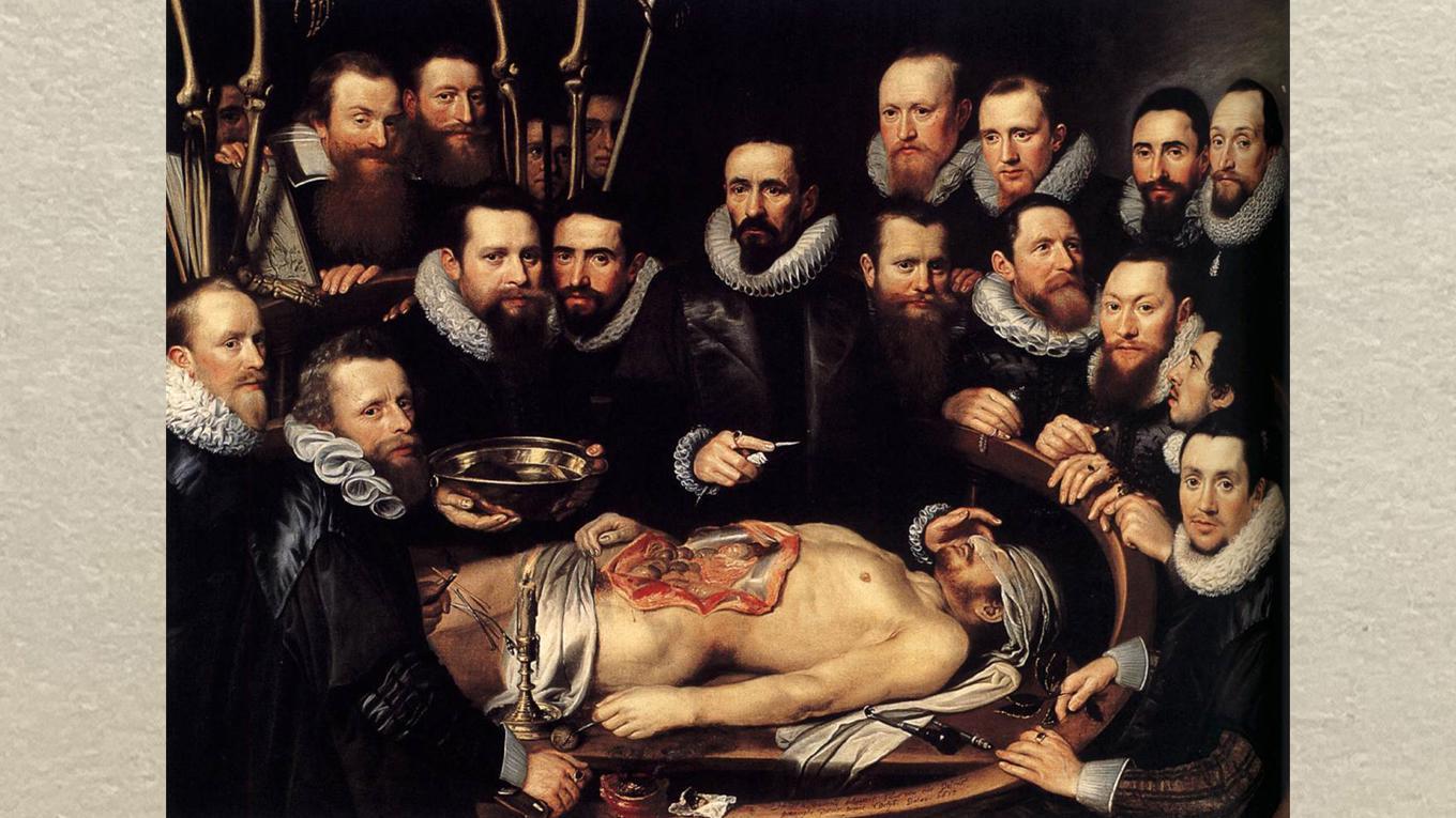 ”Lektion i anatomi med Doktor Willem van der Meer”, målning av Pieter Mierevelt (1596–1623), som återfinns i motivet blickande mot doktorn. 
Foto: Public Domain