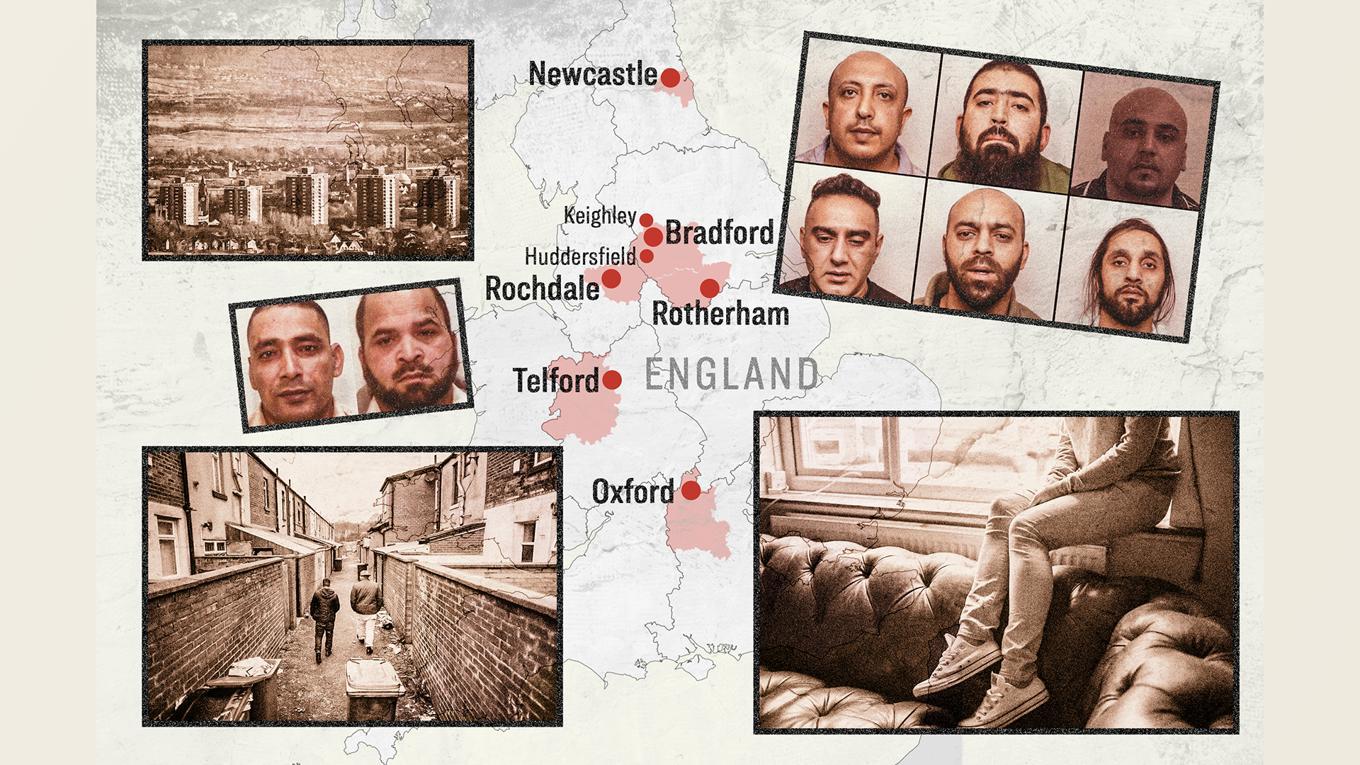 Uppgifter om pakistanska groominggäng har kommit under lång tid från många delar av England. Foto: Illustration av Epoch Times, Getty Images, Greater Manchester Police, National Crime Agency