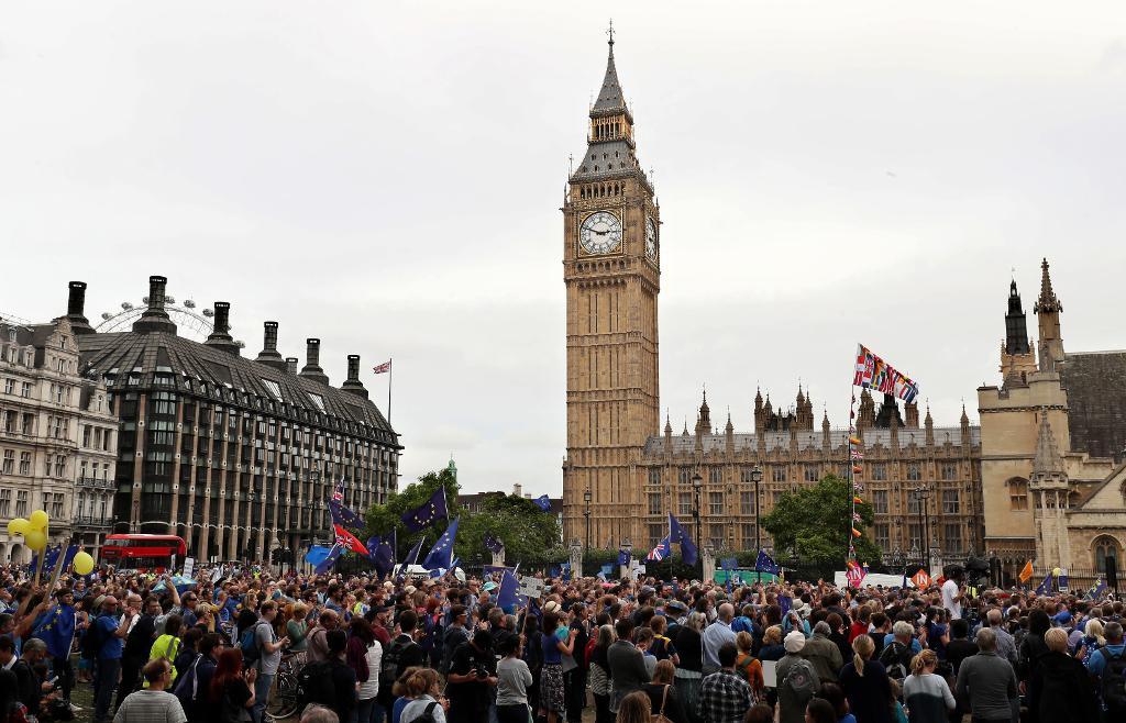 Omkring 2 000 personer demonstrerade i London på lördagen och krävde att Storbritannien stannar kvar i EU. (Foto: Chris Radburn /AP/TT)