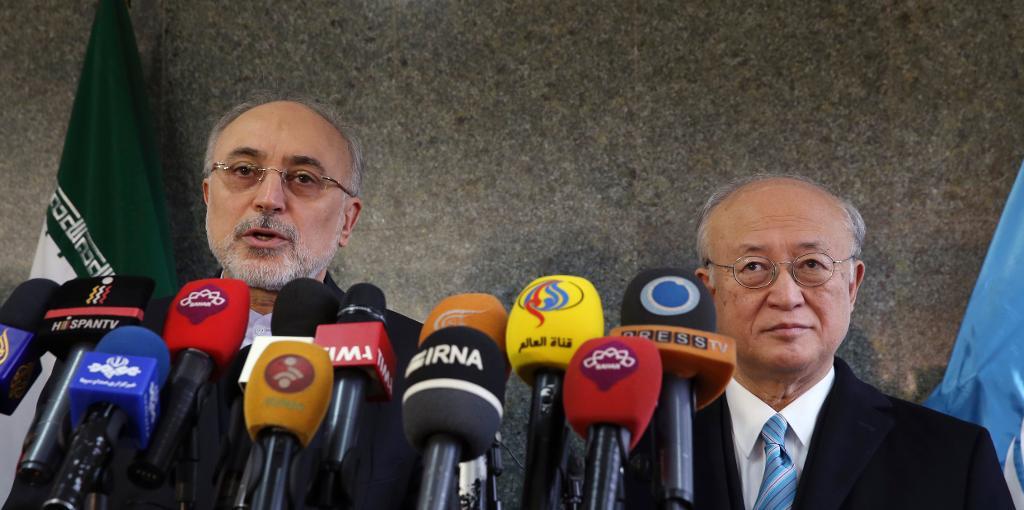 Irans kärnenergichef Ali Akbar Salehi och IAEA-chefen Yukiya Amano framträdde på en gemensam presskonferens i Teheran. (Foto: Vahid Salemi/AP/TT)