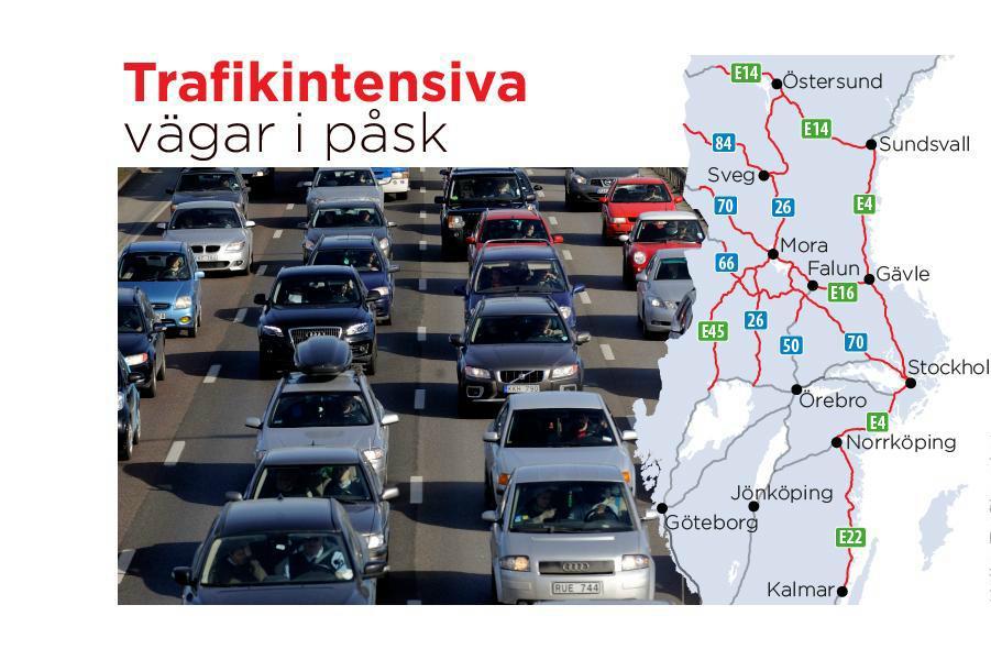 
Flera vägar från Stockholm är hårt trafikerade i påsk. Foto: TT                                            