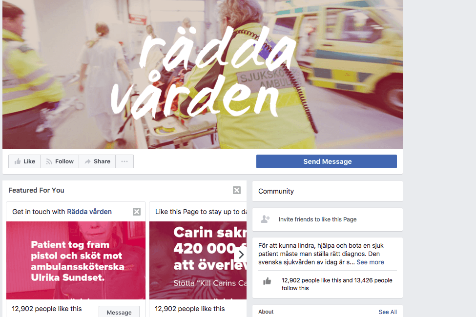 Skärmdump från facebooksidan "Rädda vården" som granskats av SVT.