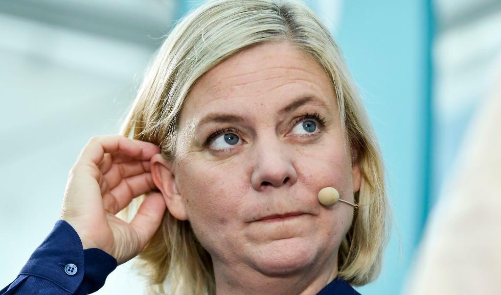 Finansminister Magdalena Andersson presenterar nästa års vallöfte. Foto: Janerik Henriksson/TT