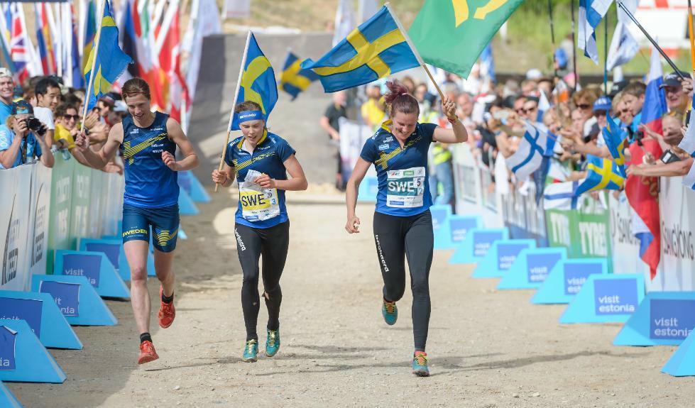 


Damernas stafettlag firar Sveriges fjärde guld i orienterings-VM i Estland. Från vänster Emma Johansson, Tove Alexandersson och Helena Jansson                                                                                                                                    