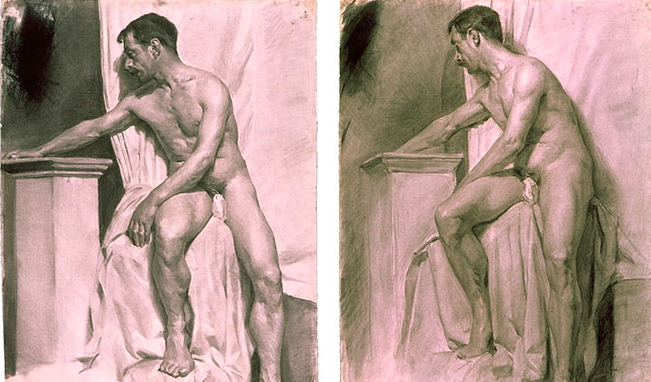 Bilderna ovan visar modellritning av tre elever vid Madrid’s Real Academia de Bellas Artes de San Fernando. De är från 1902, tecknades vid samma tillfälle, och är av samma modell. Var och en av dem representerar valör framför form-modellering.