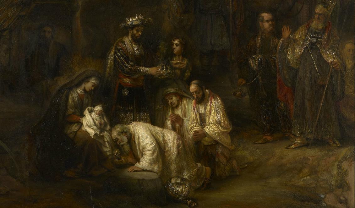 Detalj av Rembrandt van Rijns (1606-1669) "Konungarnas tillbedjan" från runt 1660. Olja på pannå, 123.4 x 104.4 cm. The Royal Collection, England.