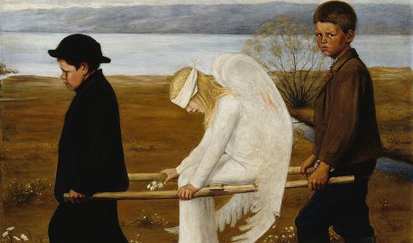 

















2006 utsåg Finland sin nationalmålning. Det är Hugo Simbergs (1873-1917) symboliska målning "Den sårade ängeln" från 1903 (detalj). Den är 127 × 154 cm och föreställer två pojkar i mörka kläder, som bär en bår med en ängel med bandage över ögonen och nedblodad vinge. I handen har hon en bukett med snödroppar, som symboliserar återfunnen hälsa och återfödsel. Pojken till höger ser direkt på betraktaren.                                                                                                                                                                                                                                                                                                                                                                                                                                                                                                                                                                                                                                                                                                                                                                                                                        
