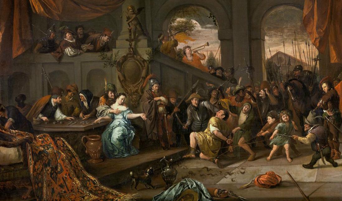 Detalj av "The Mocking of Samson", Jan Steen (1626–1679) 1670, olja på duk, 65 × 82 cm. Royal Museum of Fine Arts, Antwerpen.