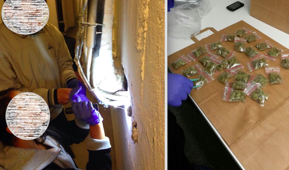 Två poliser jobbar med att gå igenom ett källarutrymme. Till höger en bild på ett av polisens beslag som gjorts nyligen.Foto: Polisen i Järva