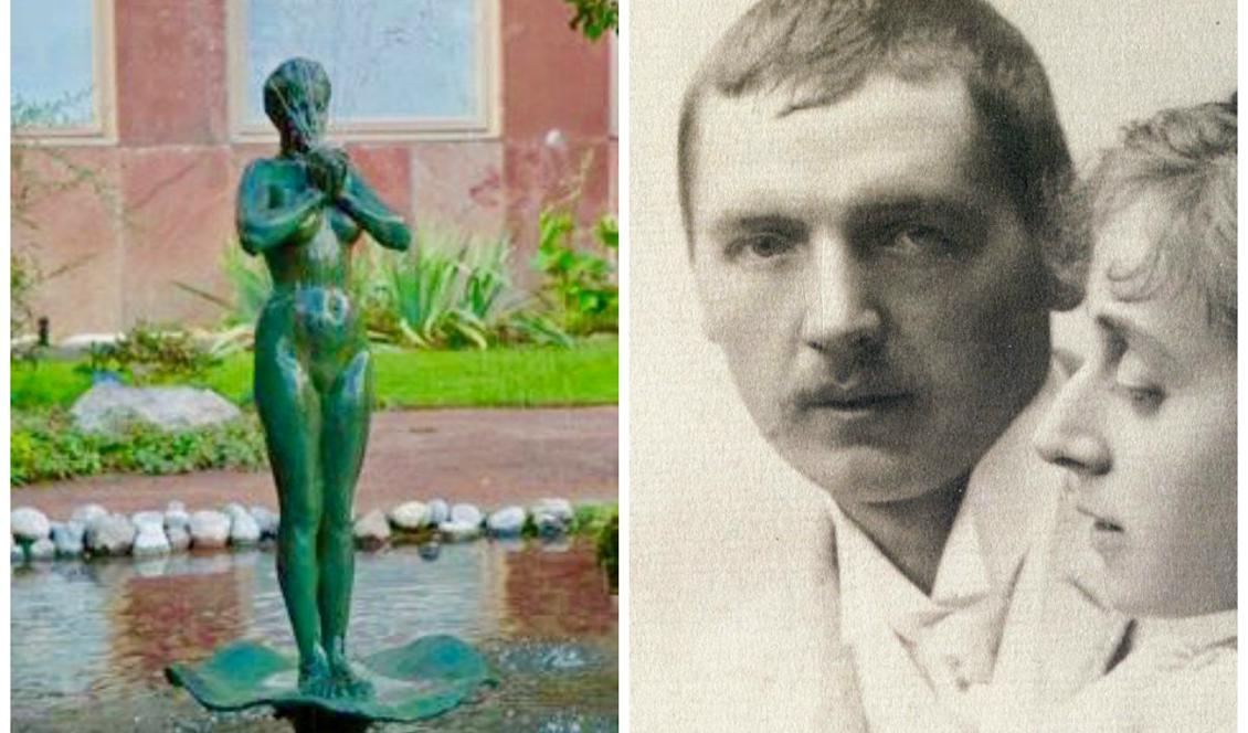 Till vänster: Fontänskulpturen "Morgonbad" i Botaniska trädgården i Västerås, innan den blev stulen. (Foto från Västeråsportalen) Till höger: Anders och Emma Zorn 1885.