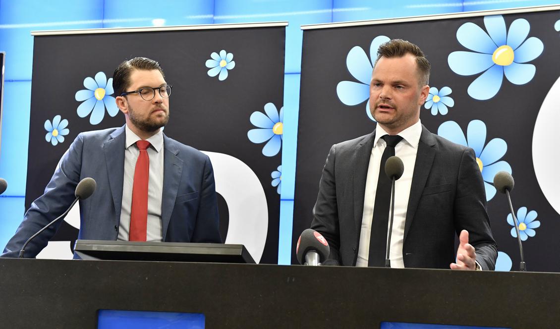 Jimmy Åkesson och Adam Marttinen för SD presenterade partiets polisprogram på en pressträff i riksdagen. Foto: Jonas Ekströmer/TT