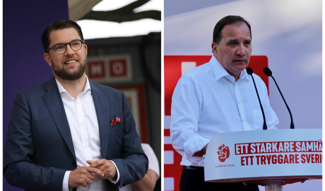 Sverigedemokraternas partiledare Jimmie Åkesson och Socialdemokraternas partiledare Stefan Löfven under deras respektive tal i Almedalen, Visby, 2018. Foto: Susanne W Lamm / Epoch Times