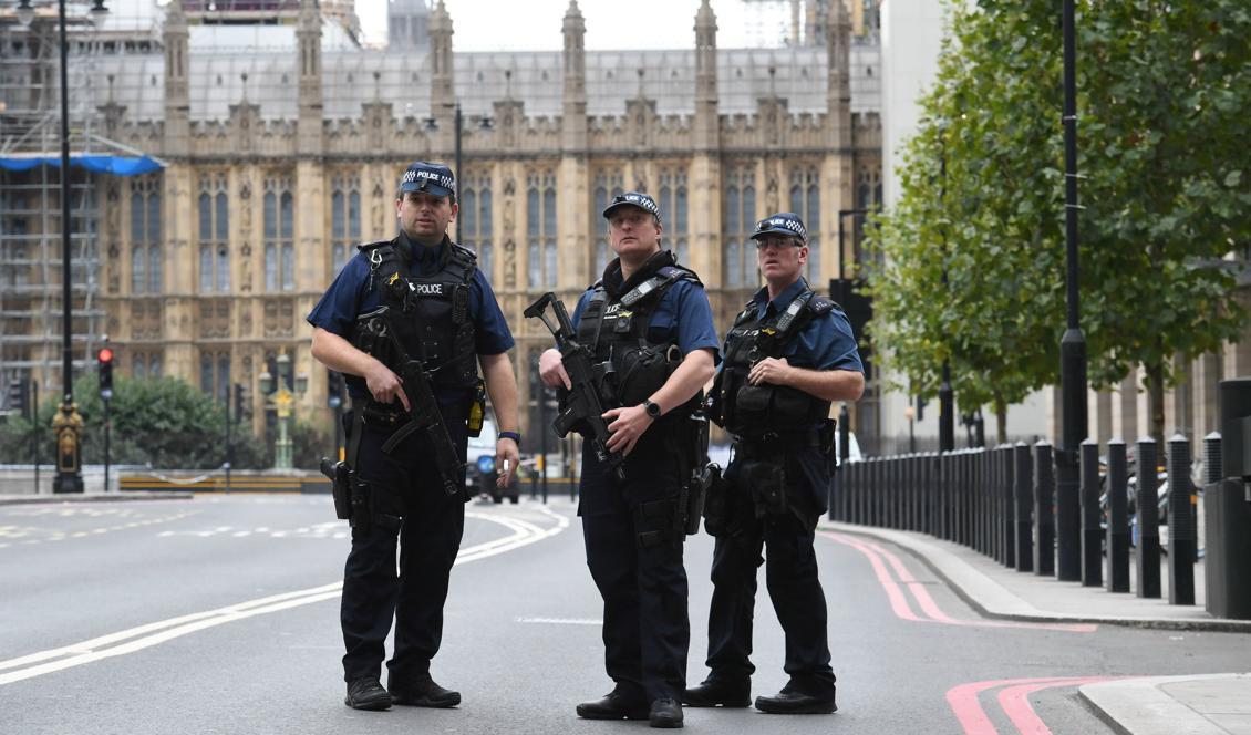 
Beväpnade poliser i Westminster i London efter bilkraschen utanför det brittiska parlamentet. Foto: Stefan Rousseau/AP/TT                                            