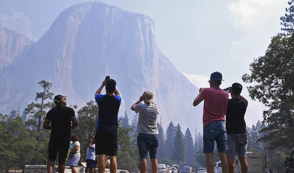 Besökare i Yosemite tar bilder av röken som fortfarande ligger kvar över området. Foto: Eric Paul Zamora/AP/TT-arkivbild