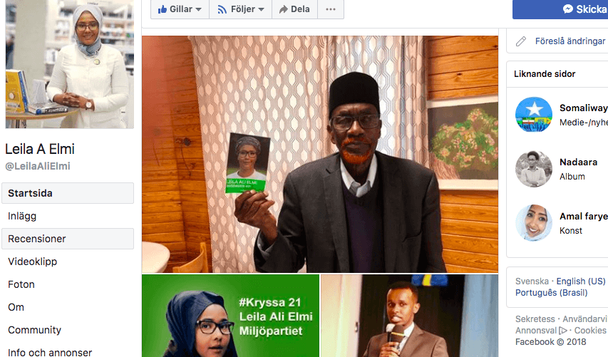 

Skärmdump från Miljöpartiets riksdagsledamot Leila Ali Elmis facebooksida.                                                                                        