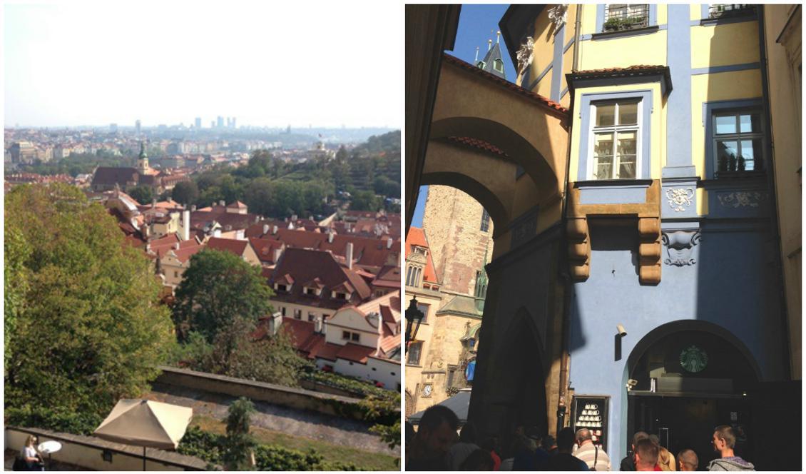 
Från Pragborgen har man bra utsikt över staden (vänster) och på väg till den Gamla stadens torg finns fin arkitektur (höger). Genom portalen skymtar det astronomiska uret. Foto: Eva Sagerfors                                                 