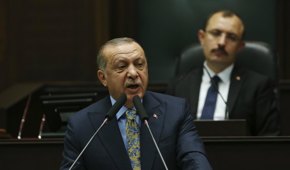 
Turkiets president Recep Tayyip Erdogan håller tal i parlamentet. Foto: Ali Unal/AP/TT                                            