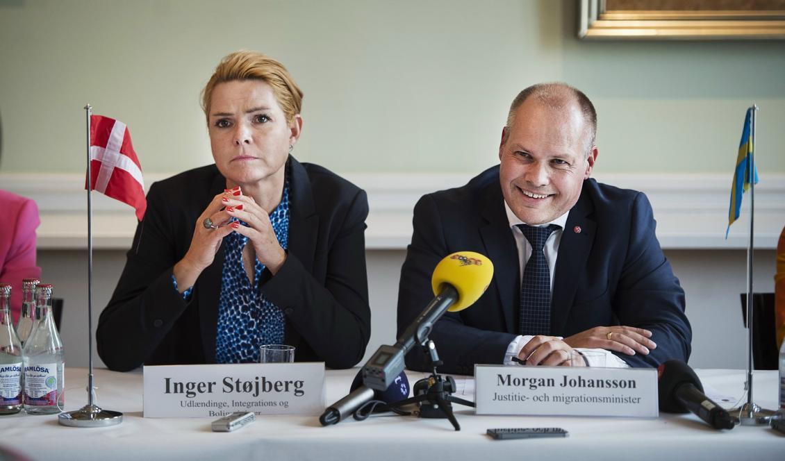 Danmarks integrationsminister Inger Støjberg vid ett tidigare möte med justitieminister Morgan Johansson (S). Foto: Emil Langvad/TT-arkivbild