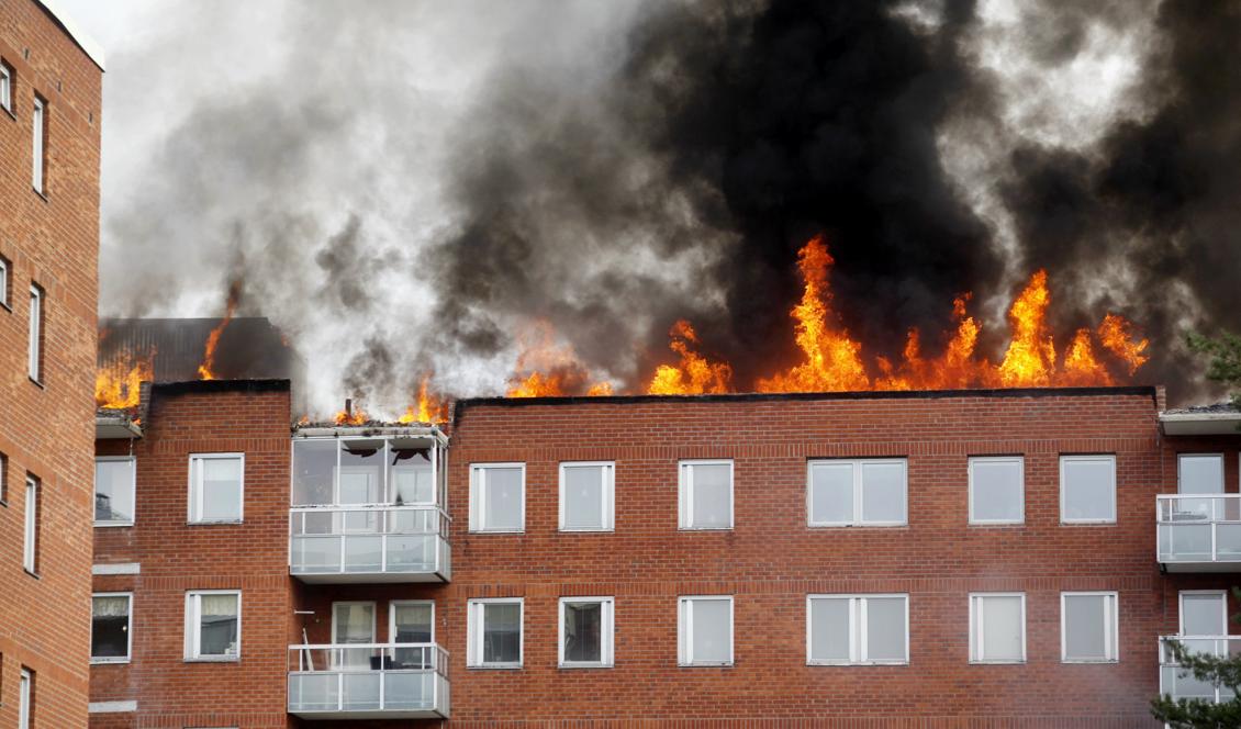 – Det är en fullt utvecklad brand i en lägenhet på sjunde våningen, vilket är högst eller näst högst upp i byggnaden, säger Örjan Stenlund, vid räddningstjänsten Medelpad. Foto: Mats Andersson/TT