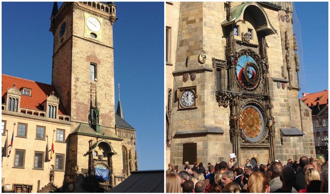 


En blå presenning täcker det nyrenoverade astronomiska uret i Prag (bilden till vänster) innan den officiella avtäckningen kvällen 28 september, 2018. Till höger syns det nyrenoverade uret. Foto: Eva Sagerfors                                                                                                                                         