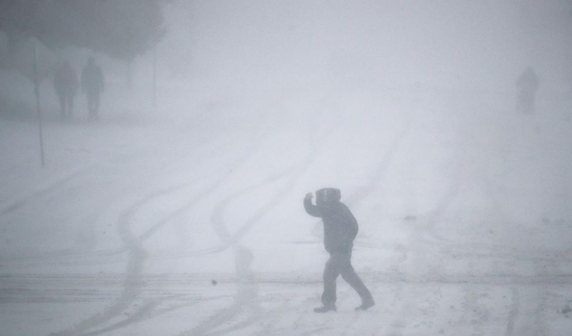 En fotgängare trotsar snöovädret i Kansas. Foto: Charlie Riedel/AP/TT