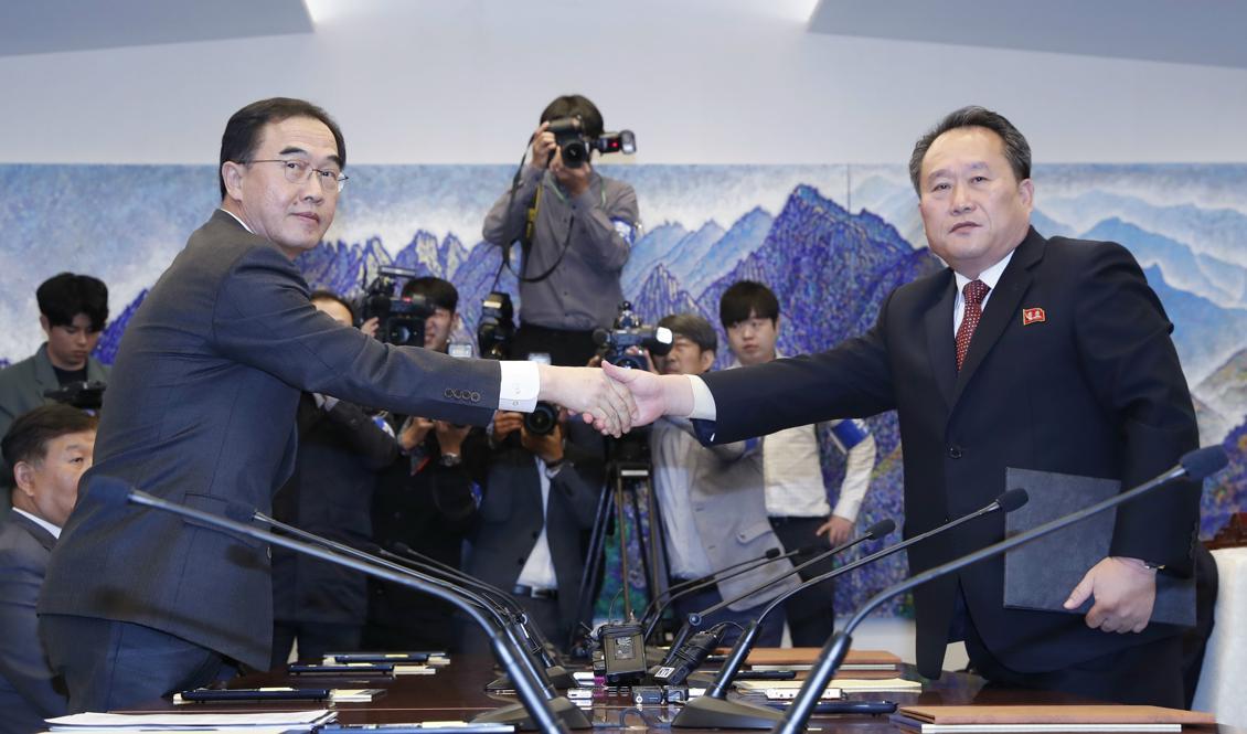 Sydkoreas återföreningsminister Cho Myoung-Gyon skakar hand med sin motpart Ri Son Gwon efter ett möte vid gränsbyn Panmunjom den 15 oktober. Foto: TT