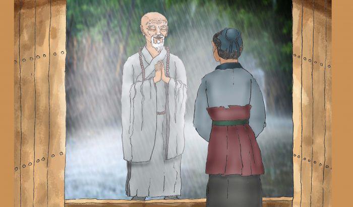 


Den gamla munken bad tjänaren om att få söka skydd mot regnet på herrgården. Illustration av Sun Mingguo/The Epoch Times                                                                                                                                                