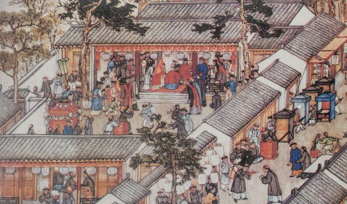 Traditionell kinesisk bröllopsceremoni detaljerat återgiven från “Prosperous Suzhou” av Xu Yang, 1759. (Public Domain)