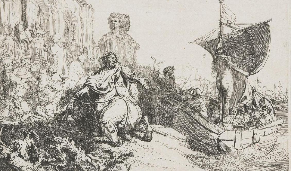 Rembrandt van Rijn; "The Ship of Fortune" (1633). Etsning, 11,3 x 16,6 cm. Rijksmuseum. Motivet föreställer stängningen av Janustemplet efter Marcus Antonius nederlag vid Actium.
