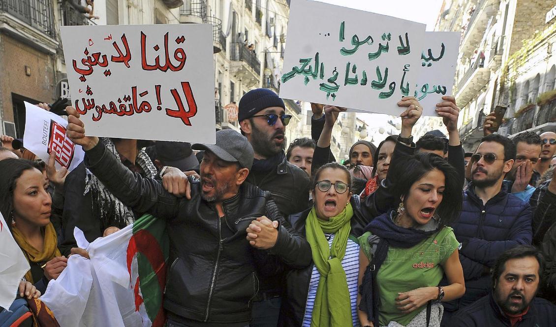 Demonstranter protesterar den gångna helgen mot en femte mandatperiod för Abdelaziz Bouteflika i Algeriets huvudstad Alger. Foto: Guidoum Fateh/AP/TT