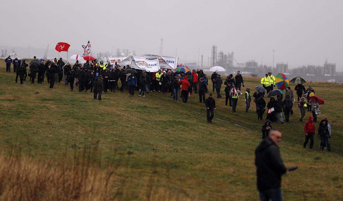 
Demonstrationsmarschen vid dess start, vid kusten i Sunderland i nordöstra England. Foto: Frank Augstein/AP/TT                                                