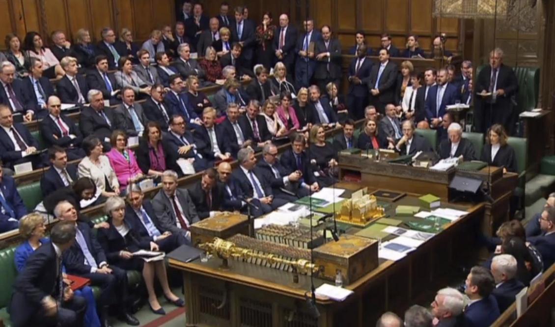 
Det brittiska parlamentet röstade emot premiärminister Theresa Mays utträdelseavtal med EU. Foto: House of Commons/TT                                                
