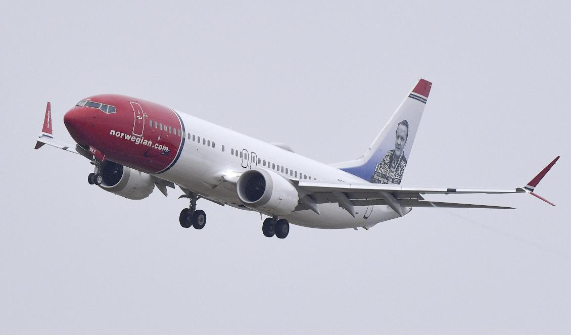 En Boeing 737 Max 8 tillhörande flygbolaget Norwegian. Foto: Johan Nilsson/TT-arkivbild