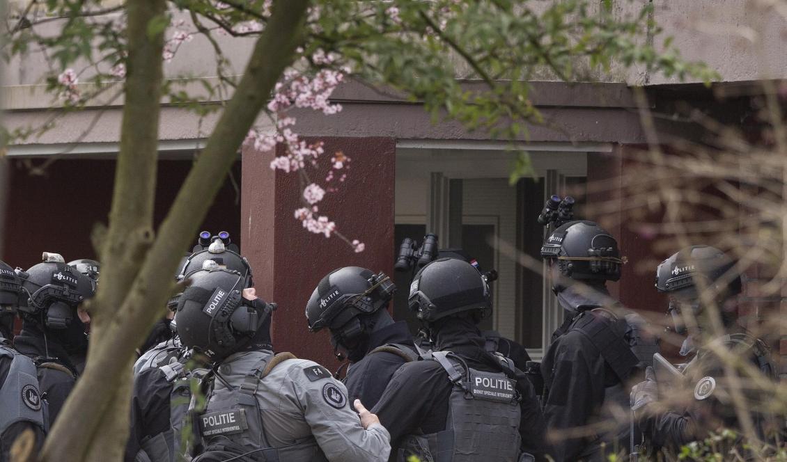 Antiterrorpolis i Utrecht förbereder sig på att storma en bostad i jakten på den misstänkte skytten. Foto: Peter Dejong/AP/TT