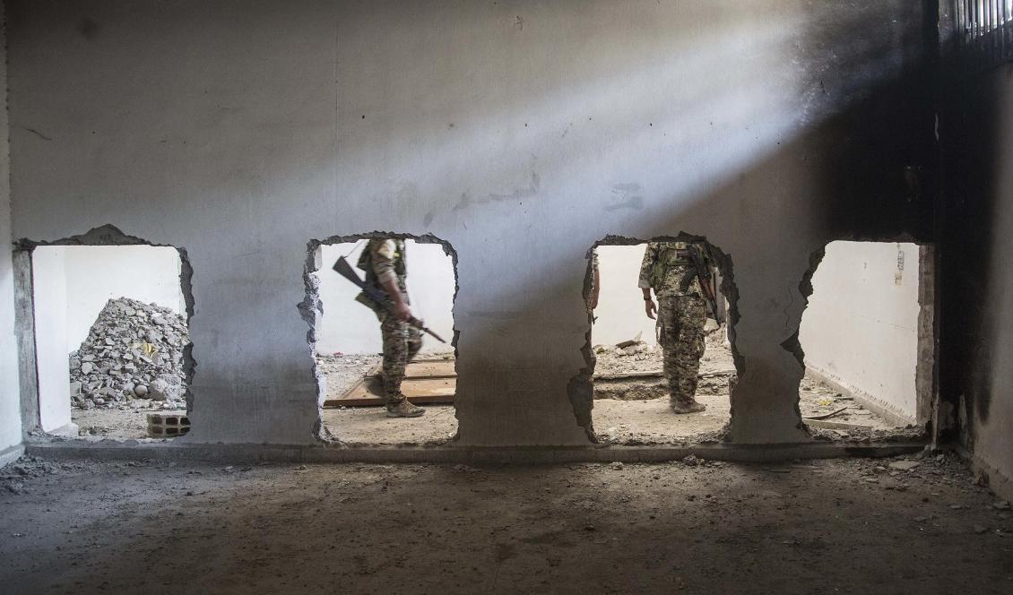Den USA-stödda SDF-milisen söker igenom en byggnad som använts av terrorgruppen IS. Foto: Asmaa Waguih/AP/TT-arkivbild