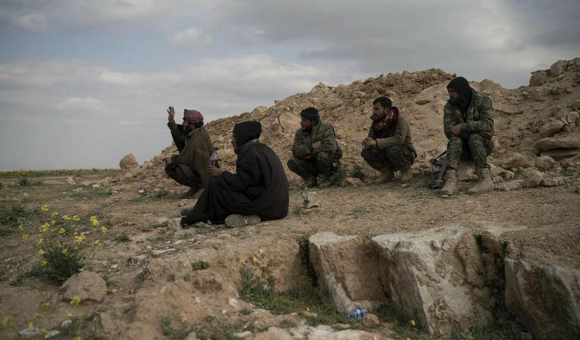 SDF-soldater utanför byn Baghouz i östra Syrien. Foto: Felipe Dana/AP/TT