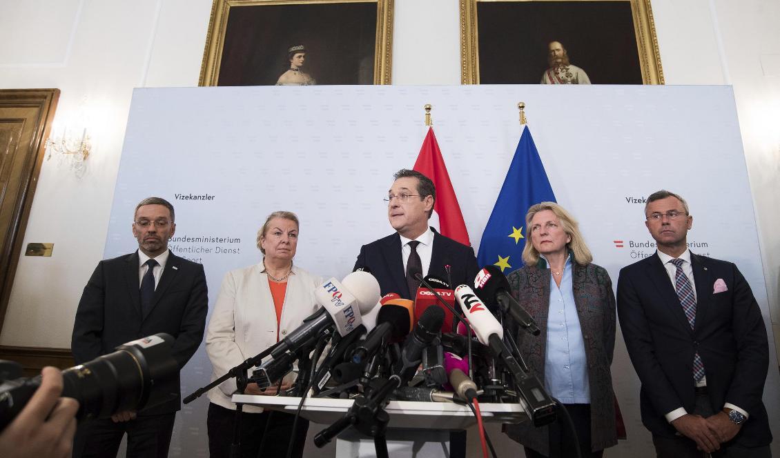 Österrikes vicekansler meddelade sin avgång vid en presskonferens på lördagen. Foto: Michael Gruber/AP/TT