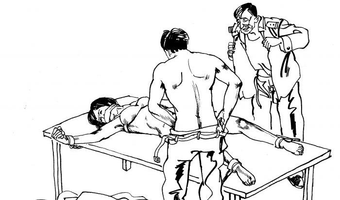 Frihetsberövade Falun Gong-utövare i Kina utsätts rutinmässigt för sexuell tortyr och våld, inklusive gängvåldtäkt. Illustration från Minghui.org