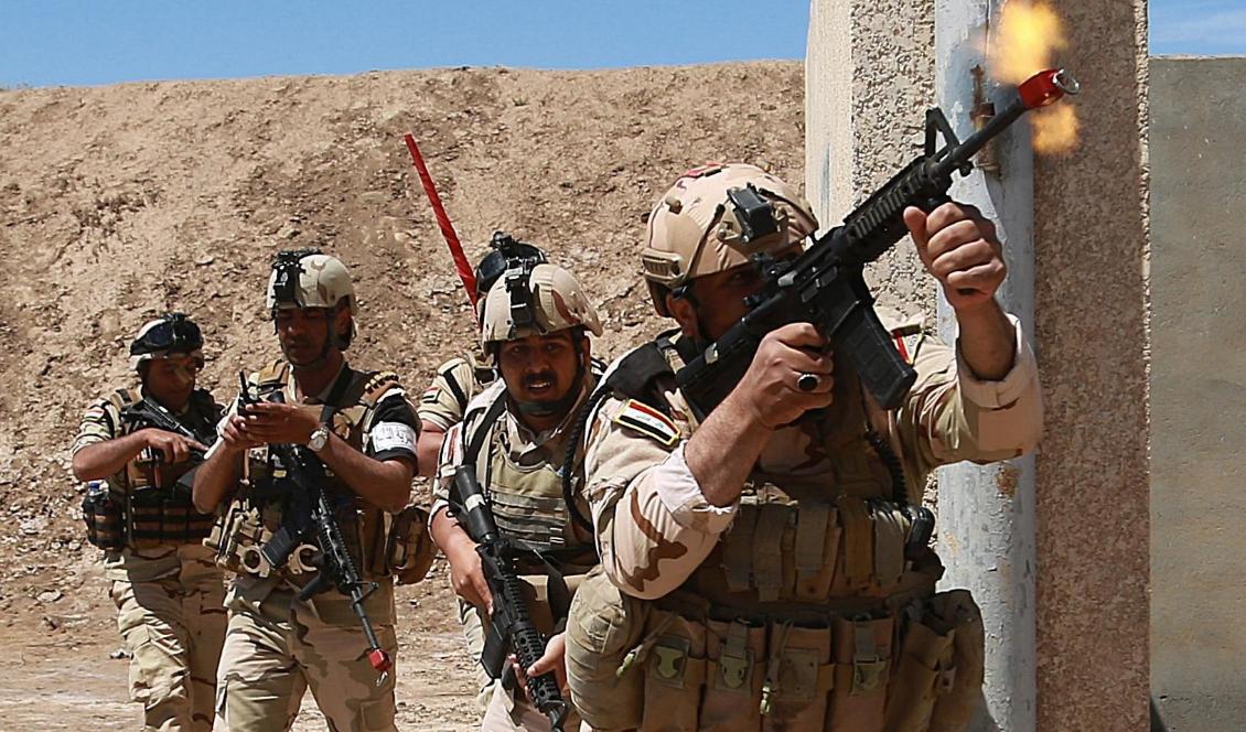 Irakiska soldater under en träningsinsats tillsammans med soldater ur den USA-ledda militäralliansen som bekämpar IS i Irak och Syrien. Foto: Hadi Mizban/AP/TT-arkivbild