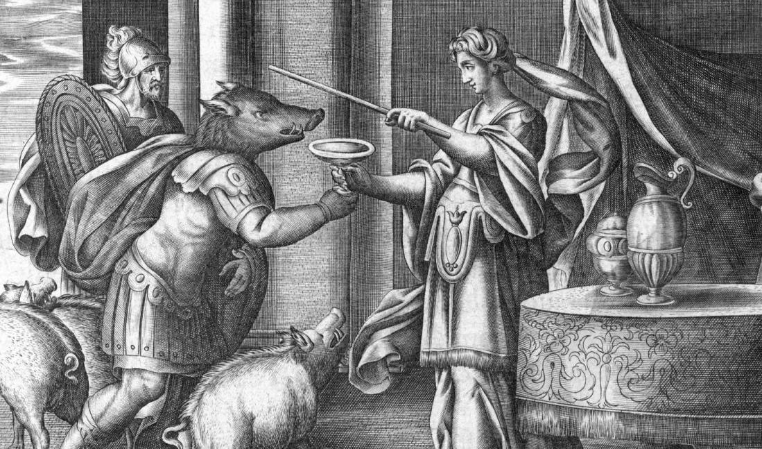 Kirke förvandlar Odysseus män till grisar, illustration till Ovidius “Metamorfoser”.
