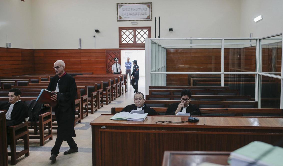 Domstolssalen i Salé inför torsdagens förhandlingar i fallet där två skandinaviskor mördades brutalt i bergskedjan Höga Atlas. Foto: Mosa'ab Elshamy/AP/TT