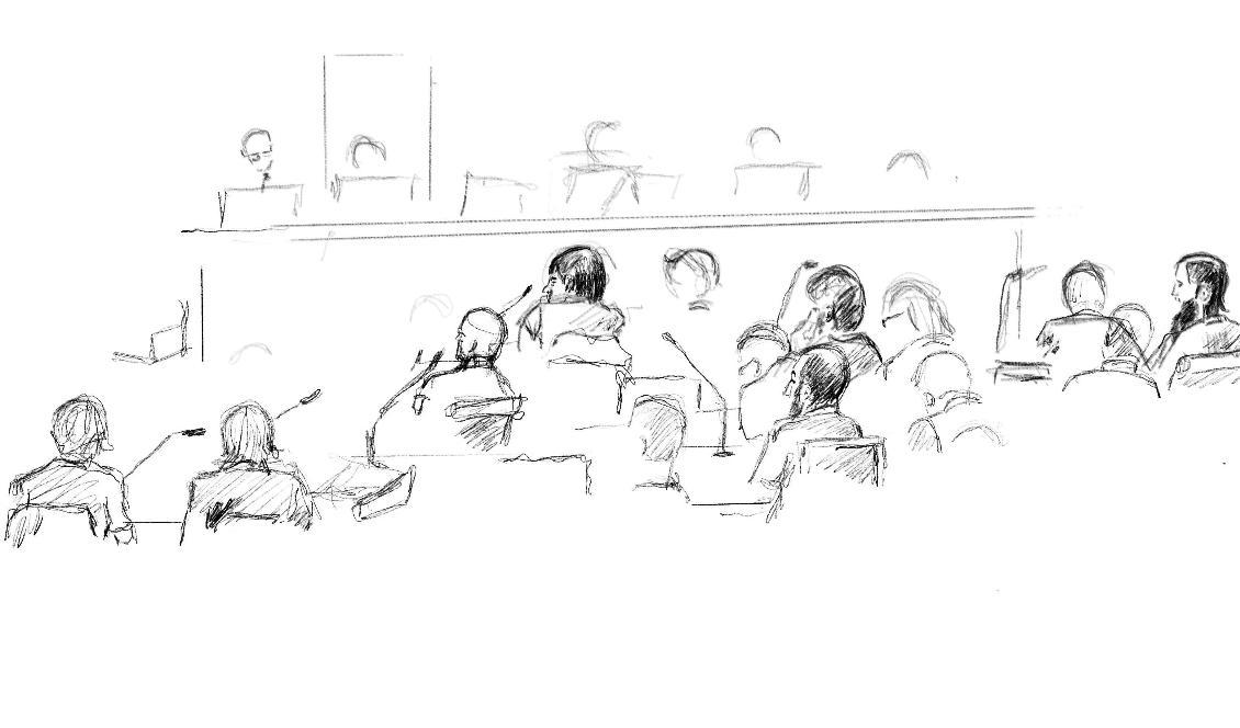 Illustration från förhandlingen i tingsrätten. Nu har hovrätten hävt häktningen för den man som dömdes till sju års fängelse i tingsrätten. Foto: Ingela Landström/TT-arkivbild