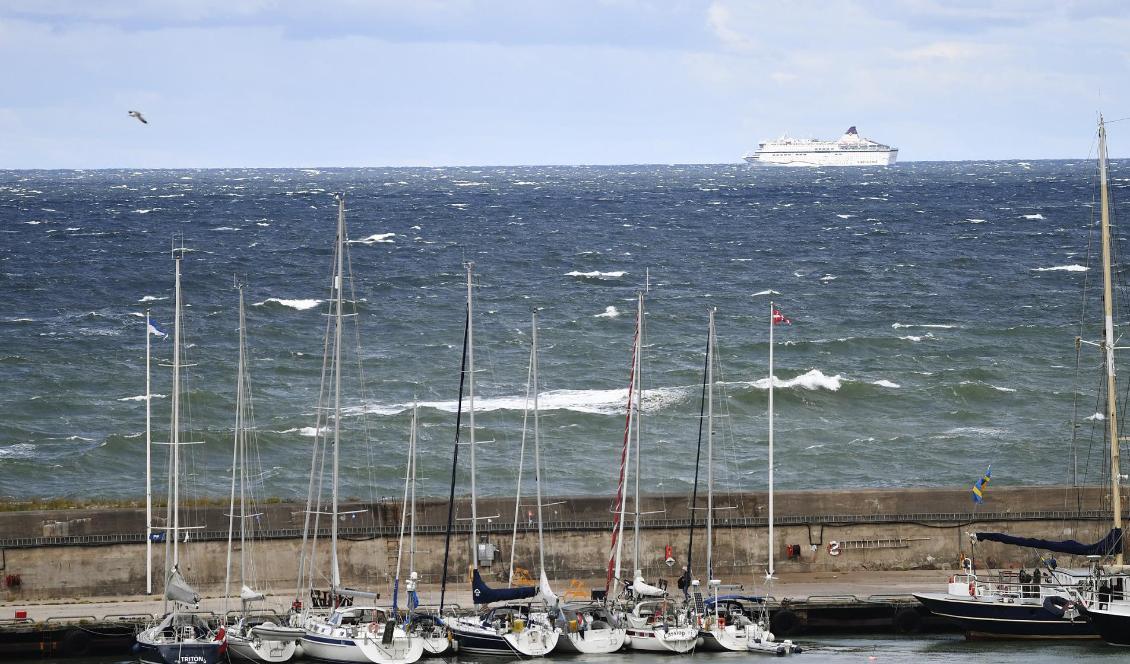 

Viking Lines Cinderella får inte lägga till i Visby på grund av den hårda vinden. Foto: Henrik Montgomery/TT                                                                                                