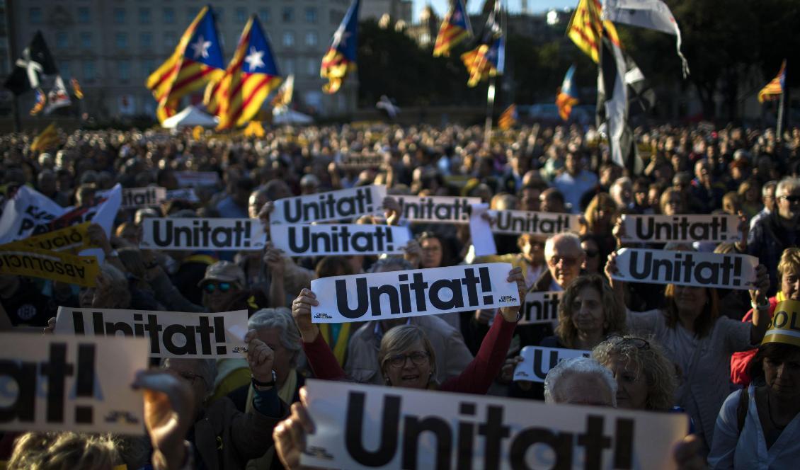 Massiva manifestationer för katalansk självständighet genomfördes i Barcelona på onsdagen, dagen då man firar sin katalanska nationaldag. Foto: Emilio Morenatti/AP/TT