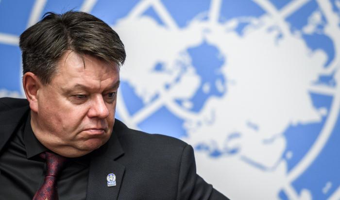 Meteorologiska världsorganisationens generalsekreterare Petteri Taalas håller en presskonferens i Genève den 8 oktober 2018 efter den senaste rapporten från regeringens klimatpanel. Foto: Fabrice Coffrini/AFP/Getty Images