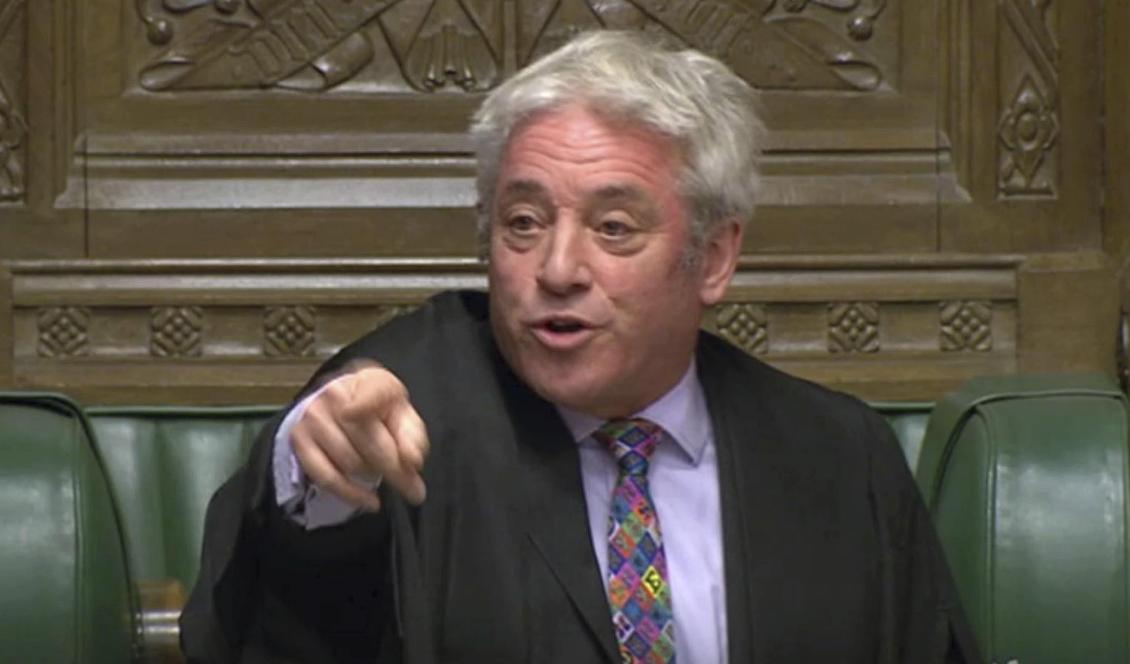 Talman John Bercow tillåter inte någon ny omröstning om Boris Johnsons utträdesavtal. Foto: House of Commons/AP/TT